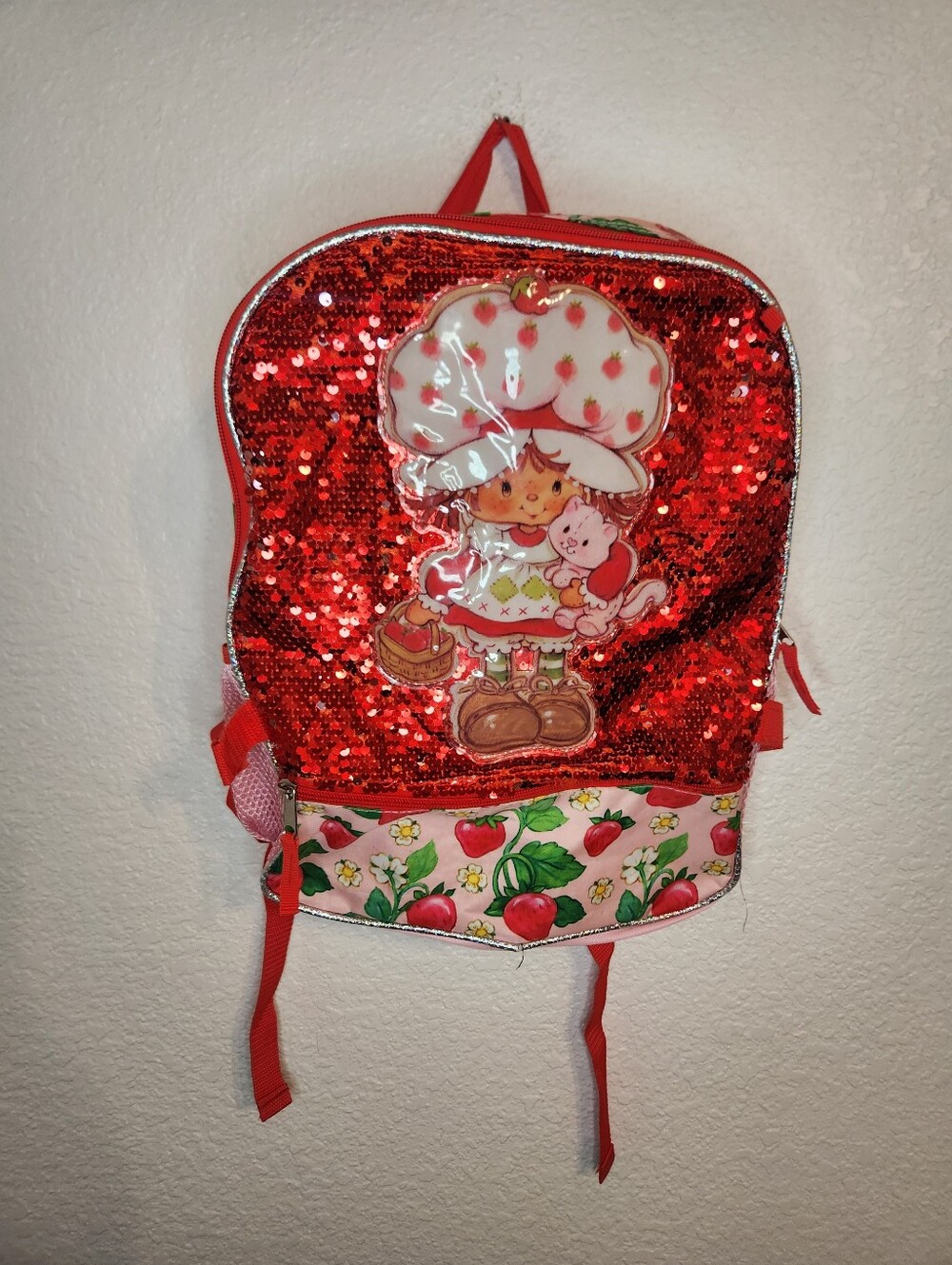 Colorful Strawberry Shortcake Backpack with Mesh Pockets & Sequins